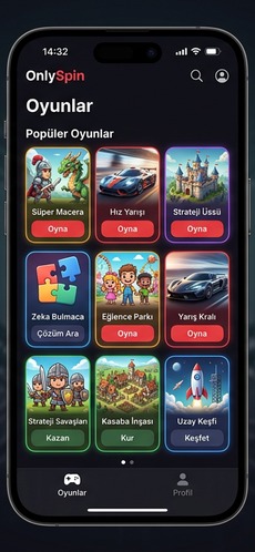 OnlySpin mobil oyun platformu telefon ekranı görüntüsü